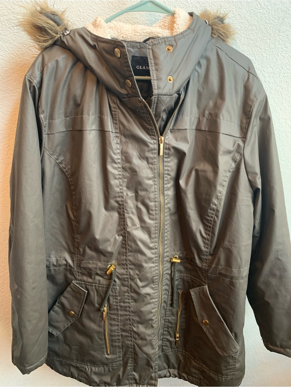 glam Olive Green Hooded Field Jacket with Faux-Sherpa Lining